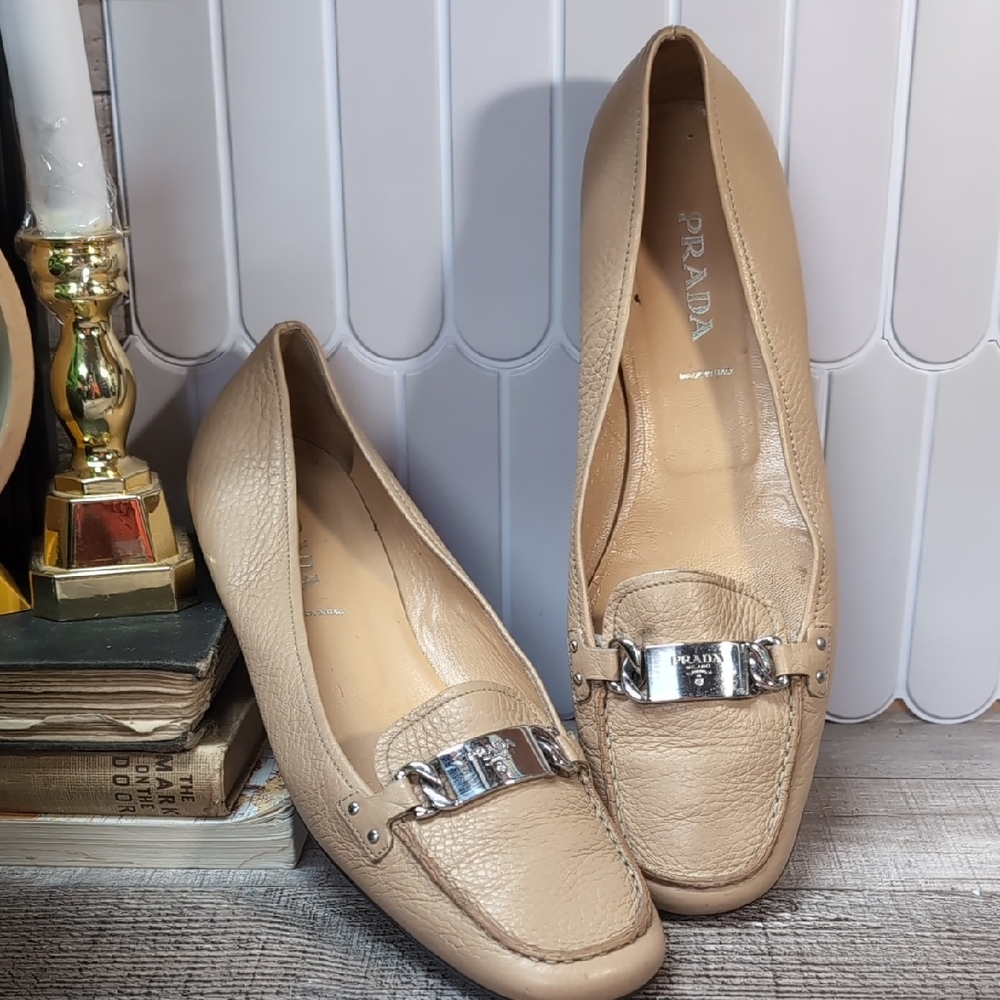 Prada Women's Beige Leather Loafers with Silver Accent